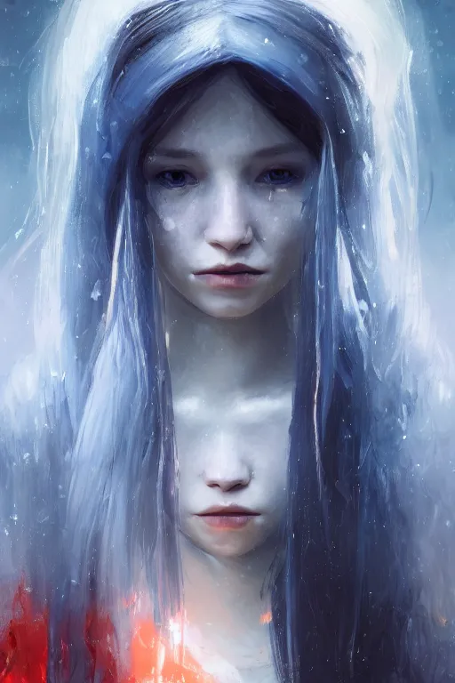 Image similar to a fancy portrait of a beautiful young girl with long blue hair and red eyes by greg rutkowski, sung choi, mitchell mohrhauser, maciej kuciara, johnson ting, maxim verehin, peter konig, bloodborne, 8 k photorealistic, cinematic lighting, hd, high details, dramatic, dark atmosphere, trending on artstation