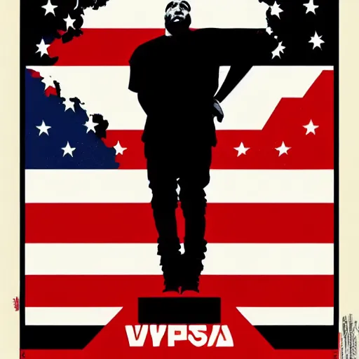 Image similar to Russian Propaganda Soviet screen-print shepard fairey illustrated poster of Kanye West as President standing in front of a USA America flag