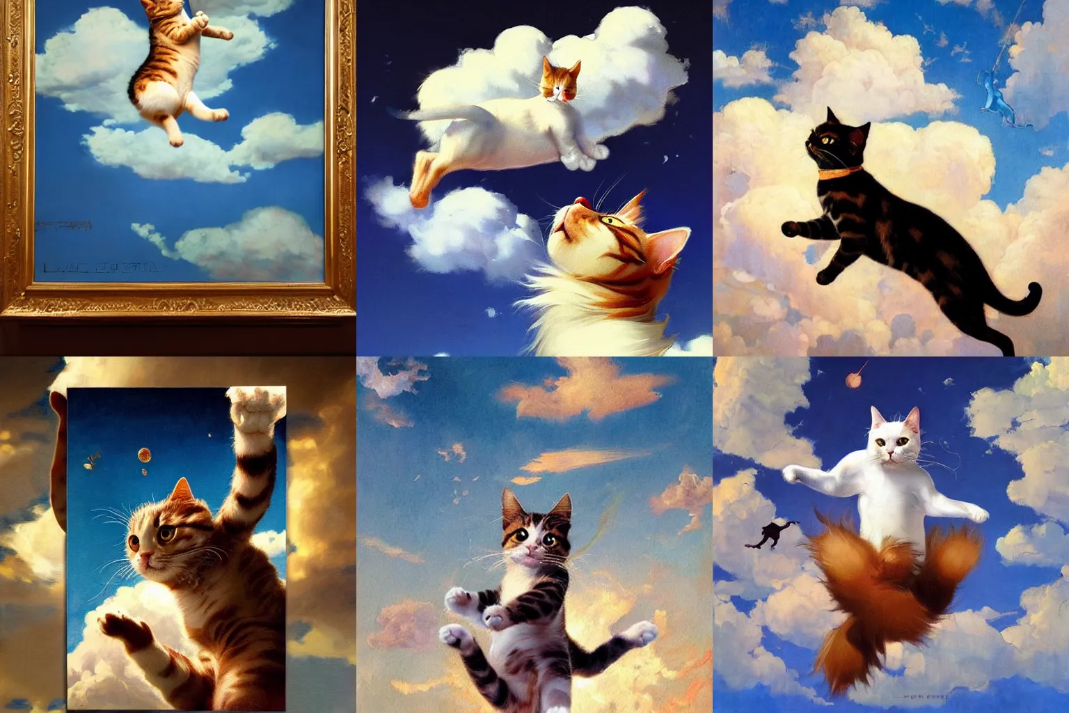 Prompt: A painting of a jumping cat under the sky, by (Ross Tran, Norman Rockwell, Leonardo da Vinci), beautiful clouds, whole cat body, strong facial features, Trending on Artstation