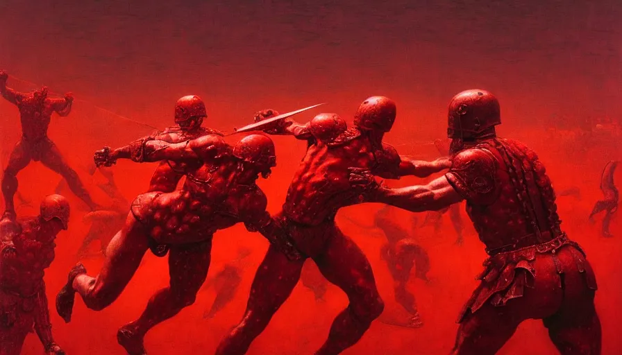 Image similar to only with red, bloody armored gladiator battle in a crowded roman amphitheatre, crowd cheering, in the style of beksinski and edward hopper and rodcenko and yue minjun and greg rutkowski, intricate and epic composition, red by caravaggio, highly detailed, masterpiece, red light, artstation, art nouveau