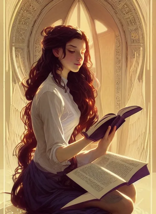 Image similar to a girl reading a book, her hair flowing down, intricate, highly detailed, dynamic lighting, digital art, digital painting, artstation, wlop, sharp focus, illustration, art by artgerm and greg rutkowski and alphonse mucha