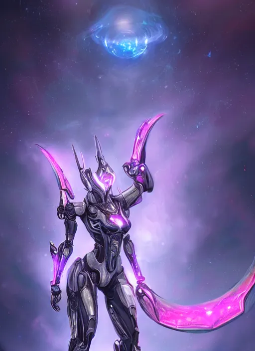 Prompt: detailed cinematic shot, cosmic sized perfectly proportioned stunning beautiful hot female warframe, detailed robot mecha female dragon head, metal ears led eyes, silver armor, fuschia leds, floating in empty space, nebula sized, holding a planet, epic proportions, epic size, epic scale, furry art, dragon art, giantess art, warframe fanart, furaffinity, deviantart