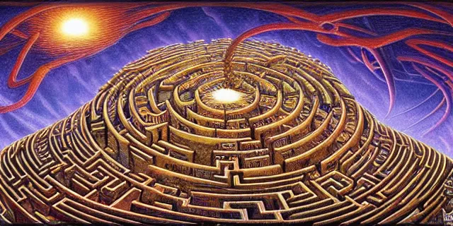 Image similar to maze labyrinth nebulapunk by dan seagrave with hidden creatures by patrick woodroffe