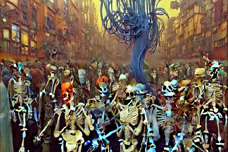 Prompt: realistic detailed portrait painting of a skeleton in a crowded futuristic street by Jean Delville, Amano, Yves Tanguy, Alphonse Mucha, Ernst Haeckel, Edward Robert Hughes, Roger Dean, rich moody colours, blue eyes