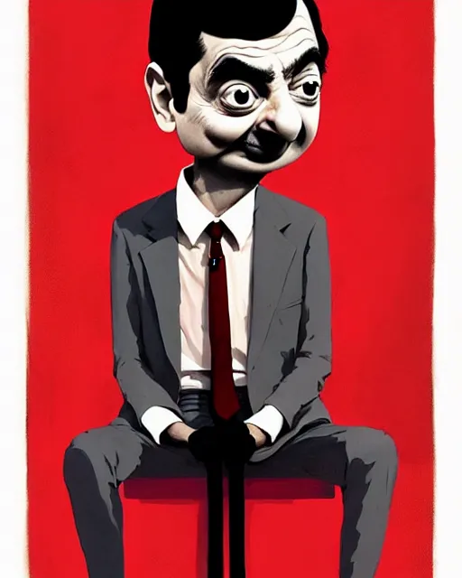 Image similar to mr. bean on holiday, by atey ghailan, by greg rutkowski, by greg tocchini, by james gilleard, by joe fenton, by kaethe butcher, red, black, crimson and grey color scheme