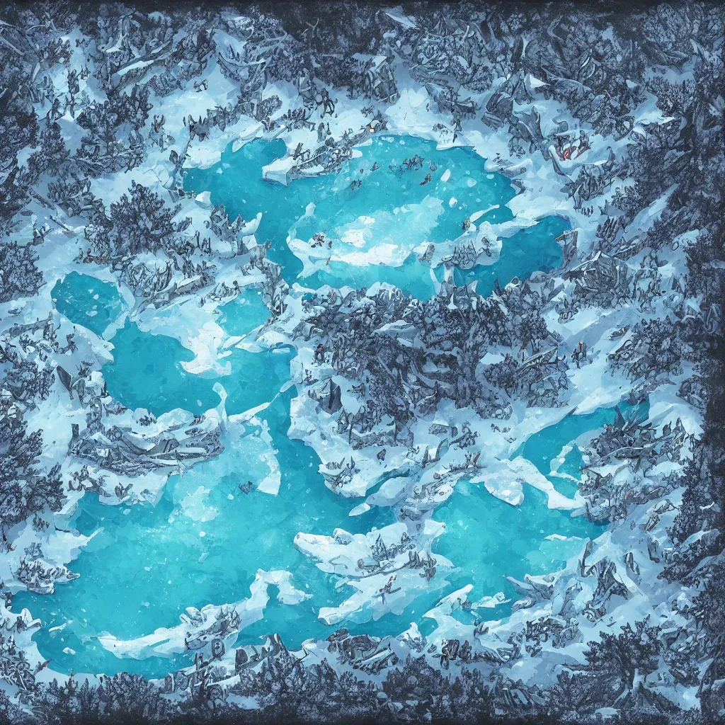 Prompt: a d & d background of a frozen lake with monsters beneath the ice, viewed from above, high quality digital art, illustration, gridless, vivid, blue tones, oil painting, trending on arstation, oil painting