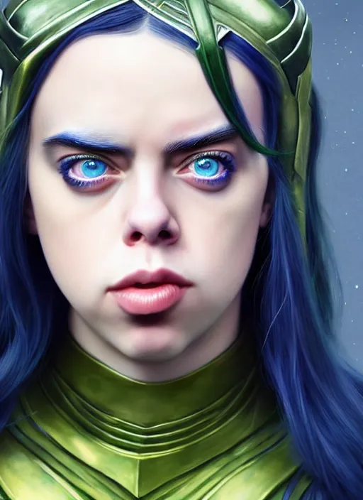 Image similar to Billie Eilish as Female Loki, beautiful facial symmetry, olive skin, hyper realistic, hyper detail, very detailed, digital art, trending on artstation, smooth render, 8k octane render, digital illustration, by Katsuhiro Otomo and Shigeru Miyamoto and Ian Sprigger