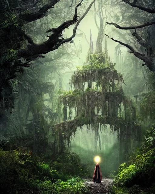 Image similar to a wise wizard walking towards an ominous ruin in a densely overgrown, eerie jungle, fantasy, stopped in time, dreamlike light incidence, ultra realistic