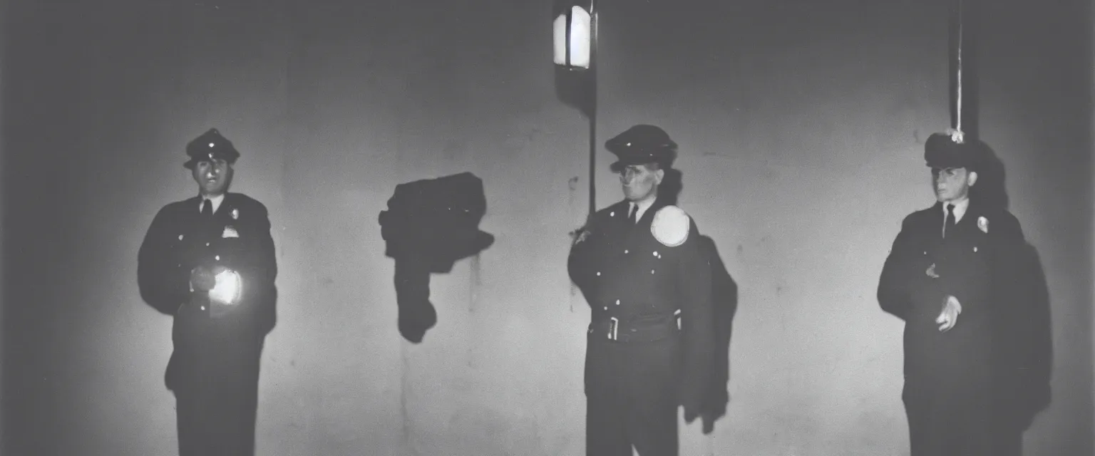 Image similar to weegee style telephoto photograph highly detailed of a a uniformed policeman circa 1 9 5 0 standing over a white body bag at night lit by street lamps and headlights.