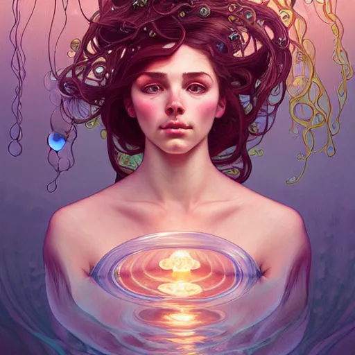 Prompt: Portrait of a girl underwater surrounded by jellyfish, face, fantasy, intricate, elegant, highly detailed, digital painting, artstation, concept art, smooth, sharp focus, illustration, art by Fernanda Suarez and Artem Demura and alphonse mucha