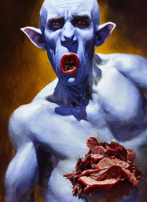 Prompt: upper body portrait of blue-faced nosferatu eating a pile of meat, by dean cornwell, photoreal, character concept art, artstation