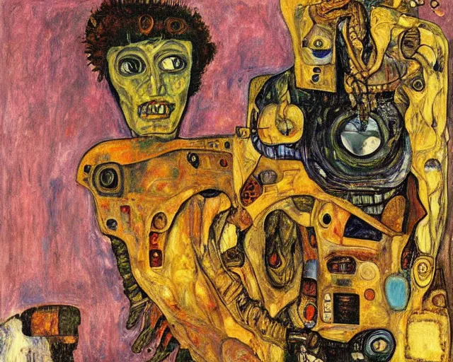 Image similar to a painting of a aliens and robots by graham sutherland, egon schiele, gustav klimt, expressionism