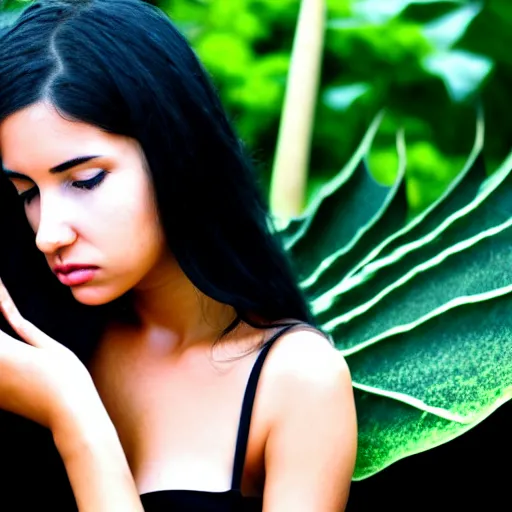 Image similar to beautiful girl with black hair, holding brugmansia flower, colour, dark scenery, sad