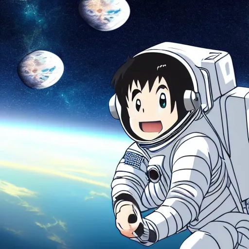 Image similar to astronaut floating in space, anime, starts in backgroud