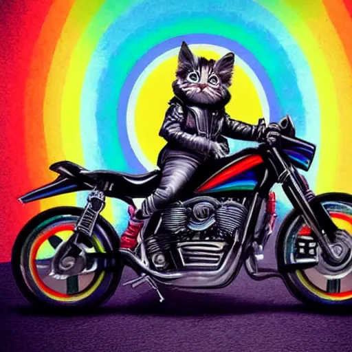 Image similar to wide angle full body, jacket wearing fluffy cute rainbow kitten wearing a black leather motorcycle jacket, cinematic concept art