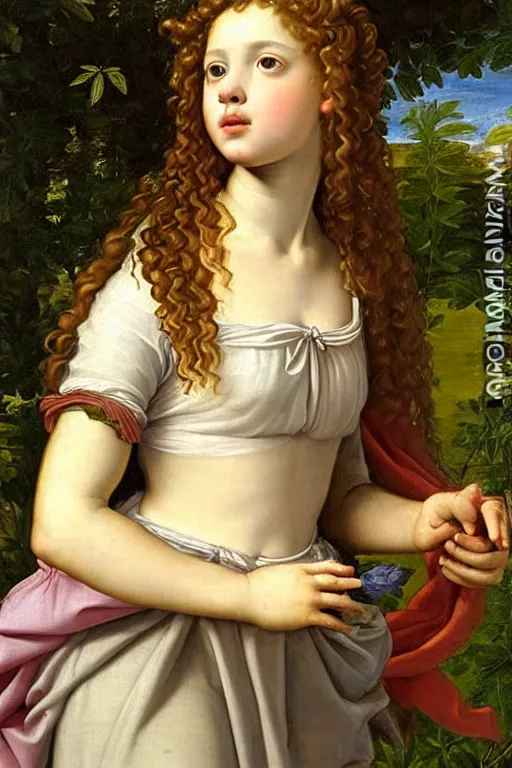 Image similar to renaissance painting of young girl in the garden, closeup, curly long hair, face closeup, emotions closeup, dressed in roman armour, the beautiful garden with maple leaves everywhere, ultra detailed, art by guido reni style, vincenzo catena style