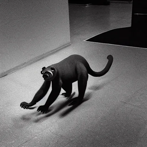 Prompt: “Horrific scrawny cryptid mutant reptilian hairless sun bear escaping from a lab, leaked cctv footage, black and white, night.”