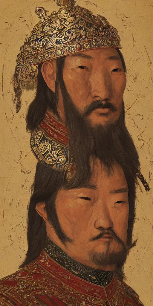 Image similar to a stunning and noble highly detailed romantic period style portrait of Genghis Khan\'s head by Josep Tapiró Baró, trending on artstation, oil painting masterpiece, symmetry, fractals, Mongolian iconography