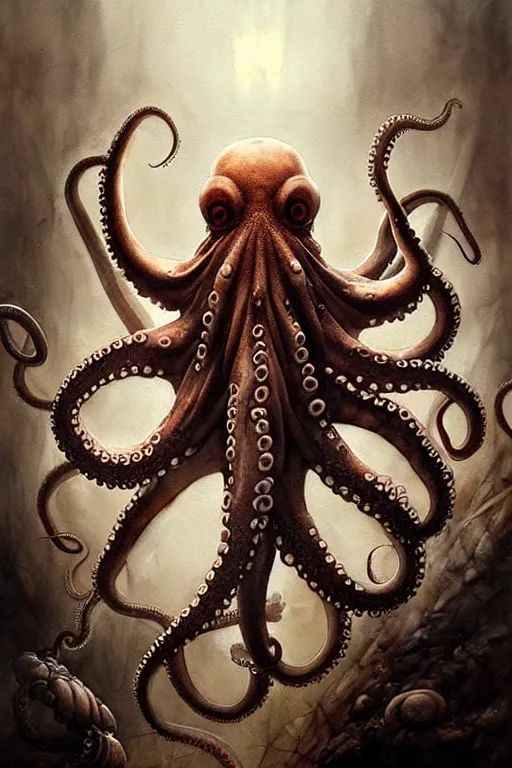 Image similar to octopus warrior | esoteric symbolism | jean - baptiste monge, esao andrews, bastien lecouffe - deharme, tim jacobus, ken currie | ultra - detailed realism, soft cinematic lighting, hi - fructose, artstation, high - quality, ink watercolors wes anderson poster art