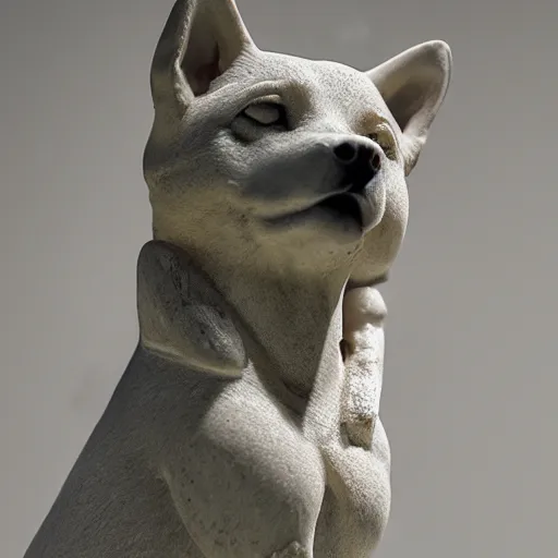 Image similar to an ancient greek sculpture of a shiba inu in white marble, close up photo, museum, ultra realistic, studio photo, bokeh, detailed.
