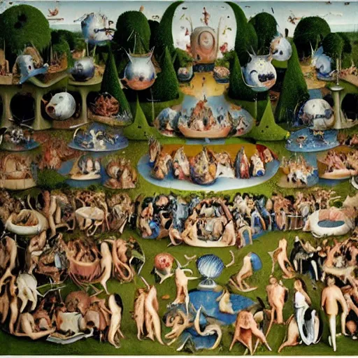 Image similar to a photorealistic version by martin parr of a bosch garden of earthly delights