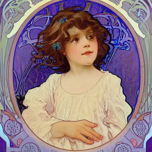 Image similar to art nouveau painting by Alphonse Mucha of a little girl with curly brown hair, blue eyes and a cute cherubic round face. She is framed by flowers. Soft, muted colors, dreamy aesthetic.
