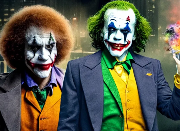 Image similar to film still of Bob Ross as Joke in the new Joker movie, 4k