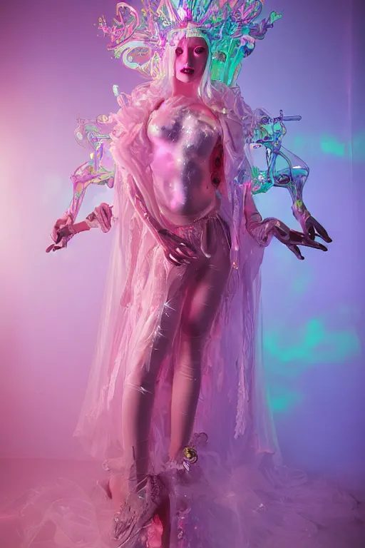 Prompt: full-body rococo and cyberpunk delicate neon crystalline sculpture of ((beautiful albino Latina goddess)) as an iridescent humanoid deity wearing ((peach plastic hooded cloak)) (holding a human skull) in a white castle dungeon, reclining, glowing pink face, crown of (pink lasers), large blue diamonds, swirling black silk fabric. futuristic elements. oozing glowing liquid, full-length view. space robots. intricate artwork by caravaggio. Trending on artstation, octane render, cinematic lighting from the right, hyper realism, octane render, 8k, depth of field, 3D