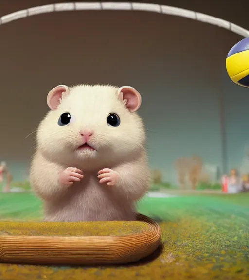 Prompt: very beautiful portrait of an extremely cute and adorable hamster playing voleyball, smooth, perfect face, fantasy, character design by mark ryden and pixar and hayao miyazaki, sharp focus, concept art, harvest fall vibrancy, intricate detail, cinematic lighting, hyperrealistic, 3 5 mm, diorama macro photography, 8 k, 4 k