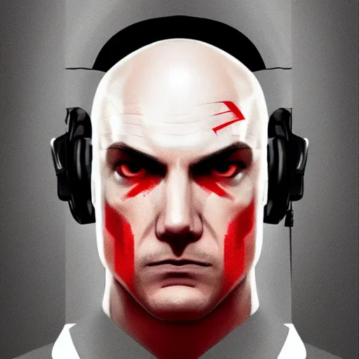 Image similar to a symmetrical portrait of agent 4 7 from hitman wearing headphones, dark background, red rim light, highly detailed, digital art, artstation, concept art, smooth, sharp focus, greg rutkowski, wlop