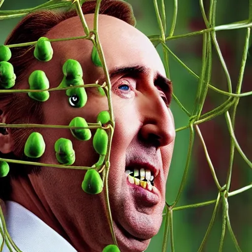 Image similar to nicolas cage trapped in a wicker cage with peas on his face, looking up, not the bees