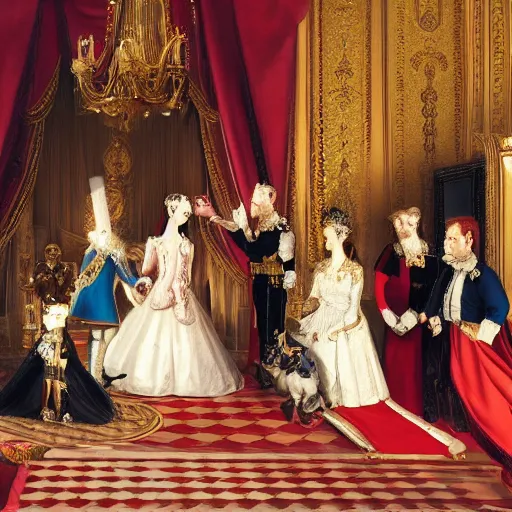 Image similar to royal family during an argument, hyper realistic painting, ultra detailed, exaggerated expressions, dynamic light, atmosphere