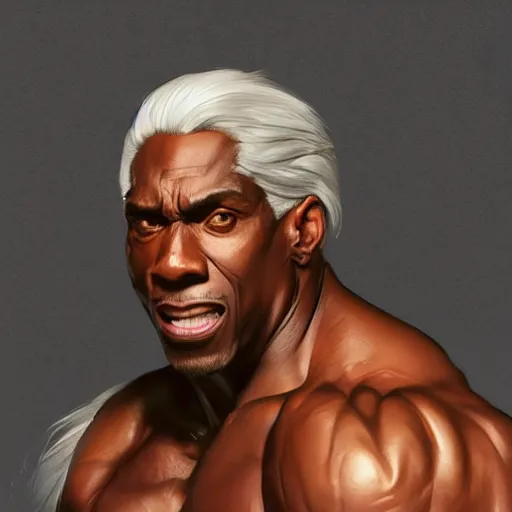 Image similar to wow, fanart hideous muscular black man with white hair and a protruding jaw with visible pectoral muscles, detailed, digital art, artstation, smooth, sharp focus, art by artgerm, greg rutkowski, alphonse mucha