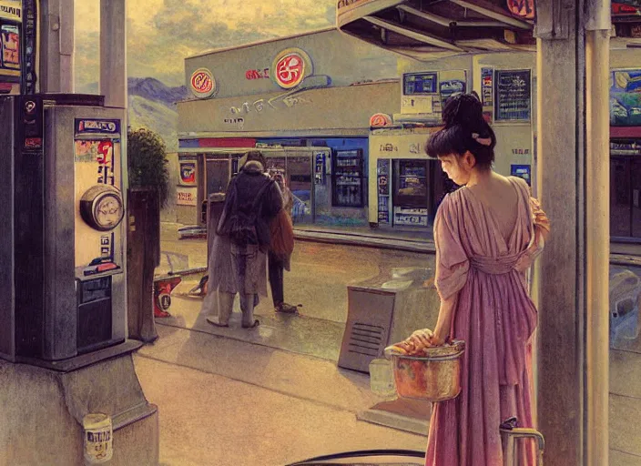 Prompt: people exterior gas station in the style of jeremy enecio, intricate, miles johnston, monet, cynical realism, john william godward, painterly, yoshitaka amano, miles johnston, louise zhang, pekka halonen, finnish naturalism, realism