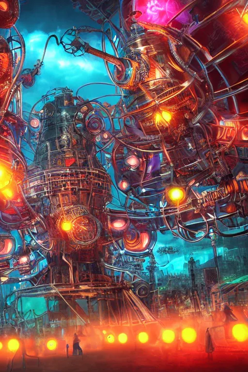 Prompt: a concert poster, tourname is invasion of the tripmachines, realistic digital art, 3 d render of two huge futuristic steampunk generators inside a steampunk machinery, 8 k, fluorescent colors, halluzinogenic, multicolored, exaggerated detailed, unreal engine