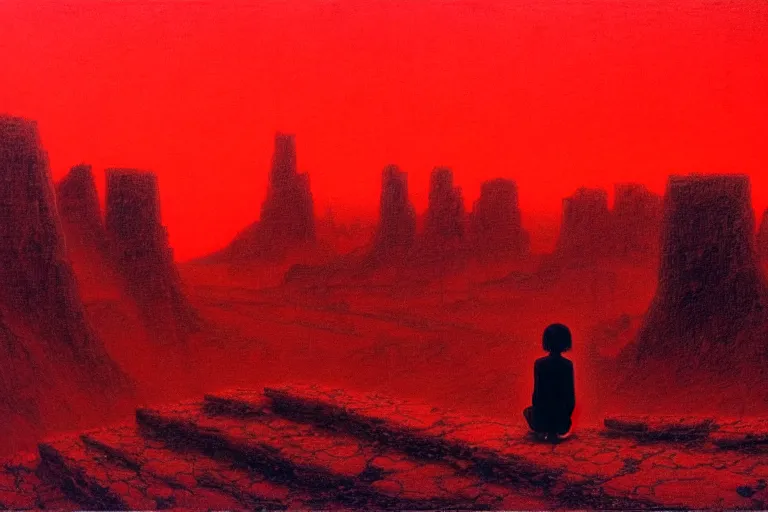 Image similar to only with red, a red shinigami eat apple, a city on mars in background, an ancient path, pathos, in the style of beksinski, part by hopper, part by rodcenko, part by hofbauer, intricate composition, red by caravaggio, insanely quality, highly detailed, masterpiece, red light, artstation