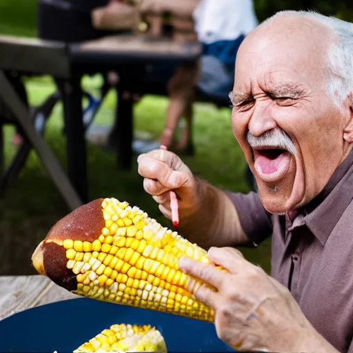 Image similar to old man eating an oddly shaped corn dog