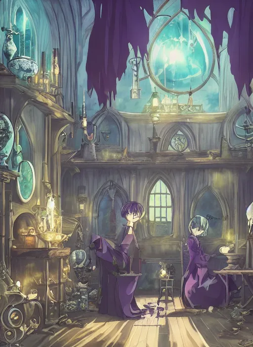 Prompt: interior of anime witches coven, gothic architecture, cauldron, crystal ball, cluttered with relics and magic items, potions, brooms, spell books, dramatic lighting, epic composition, wide angle, by studio ghibli, style in violet evergarden the animation