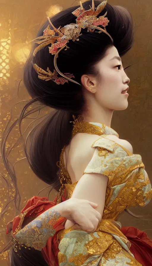 Prompt: oil painting of japanese princess, peaceful expression, ornate details, fantasy, intricate, elegant, whimsical, highly detailed brushstrokes, digital painting, artstation, concept art, smooth, sharp focus, illustration, art by charlie bowater and artgerm and greg rutkowski and alphonse mucha