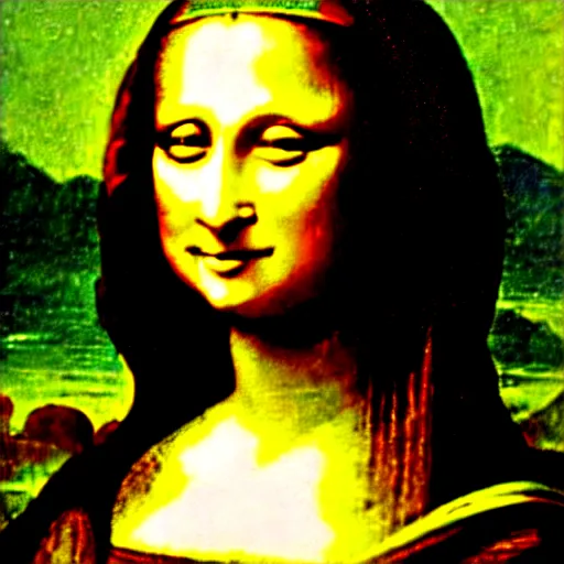 Image similar to failed restoration of mona lisa, modernized features, partly ruined painting smudges