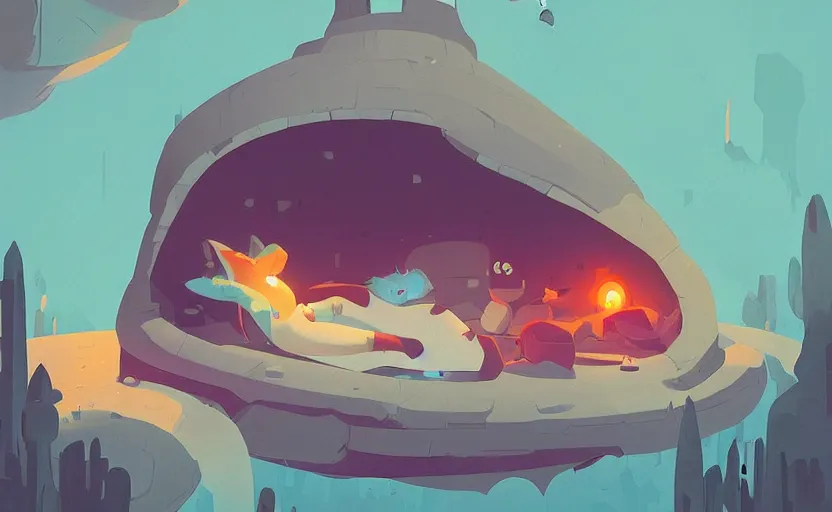 Prompt: dragons sleeping in his cave, james gilleard, print, game art