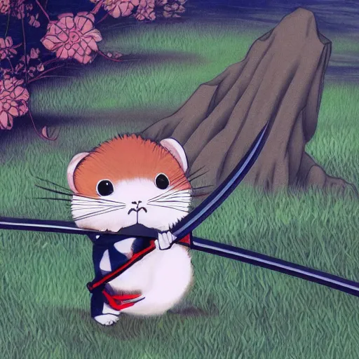 Image similar to japanese hamster samurai. with long sword. anime art. painting. sacura forest on background