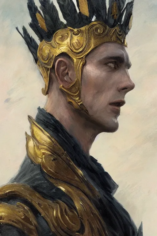 Image similar to a masculine elegant man from sideview with large shoulders and wearing golden laurel wreath, ethereal horror fantasy art by greg rutkowski and magali villanueve and monet con