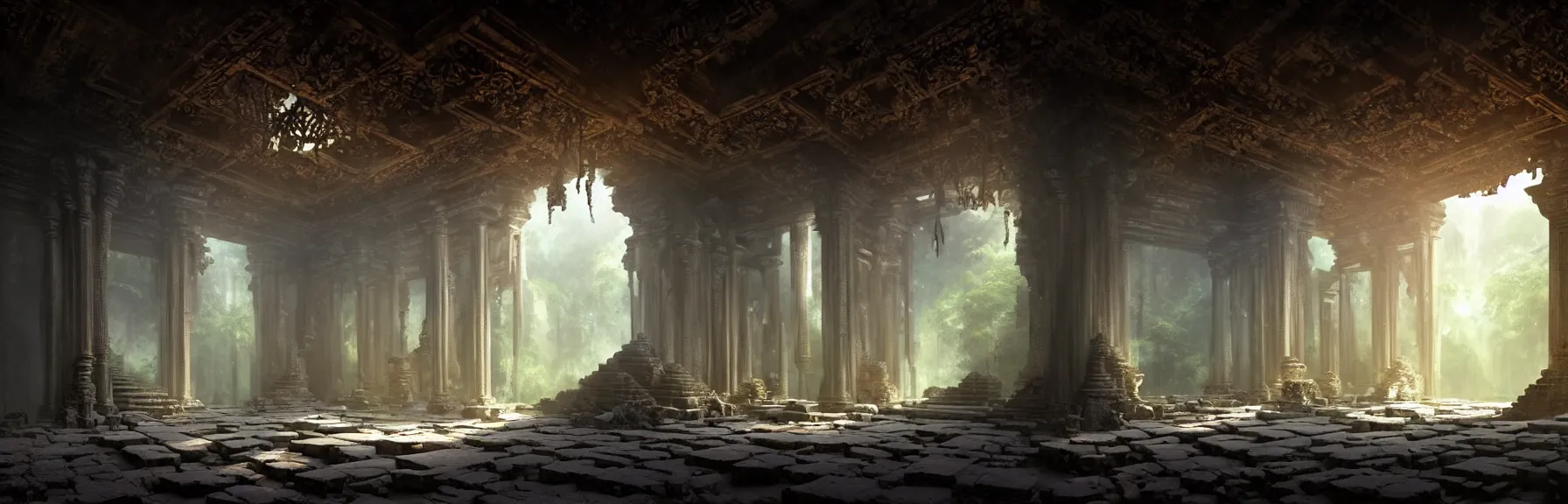 Image similar to The interior of an mystical ancient dilapidated temple in ruins amidst jungle, intricate runes chiseled on the walls, elegant chandelier hanging from the ceiling; volumetric lighting, digital painting, highly detailed, artstation, sharp focus, illustration, concept art, ruan jia, steve mccurry