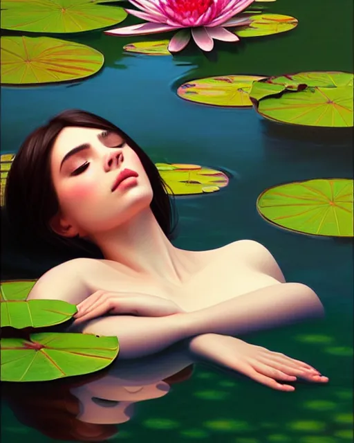 Prompt: stylized portrait of an artistic pose, composition, young lady sleeping in a pond, water lilies, flowers, one single head, realistic shaded, fine details, realistic shaded lighting poster by ilya kuvshinov, magali villeneuve, artgerm, jeremy lipkin and michael garmash and rob rey