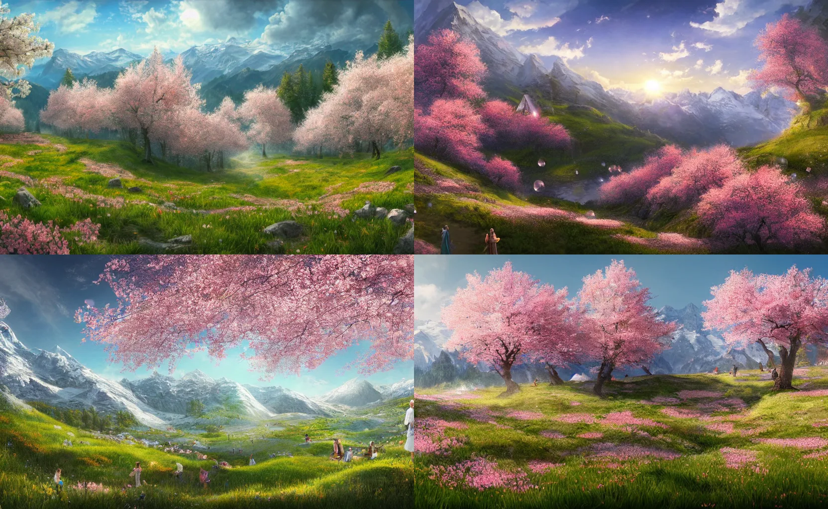 Prompt: heavenly alpine meadow full of bubbles and cherry blossoms, professional fantasy matte painting, featured on artstation, by karl gustav rodde