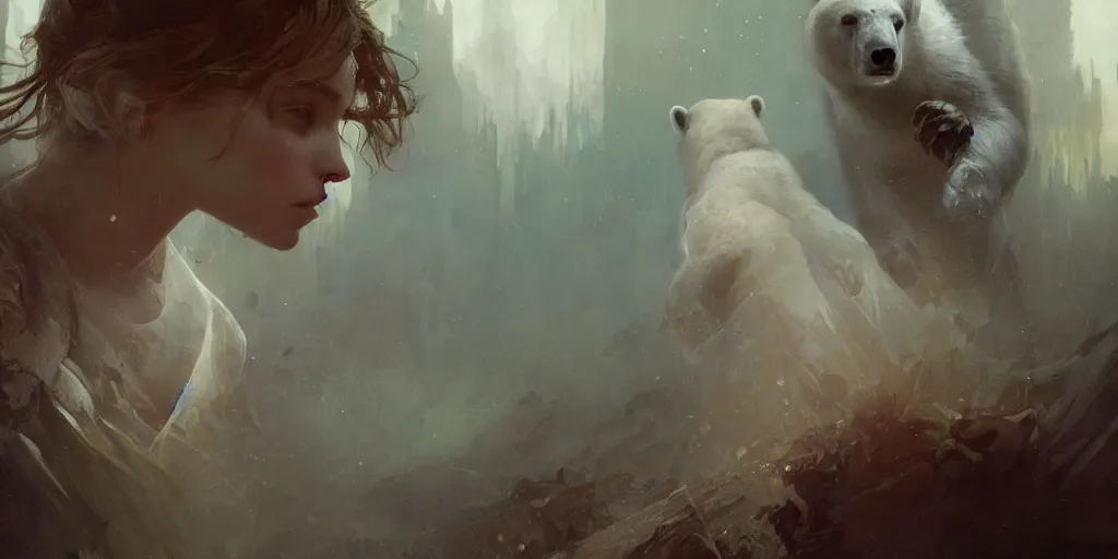 Image similar to young girl, a polar bear in the background, art of elysium by jeremy mann and alphonse mucha, fantasy art, photo realistic, dynamic lighting, artstation, poster, volumetric lighting, very detailed face, 8 k, award winning
