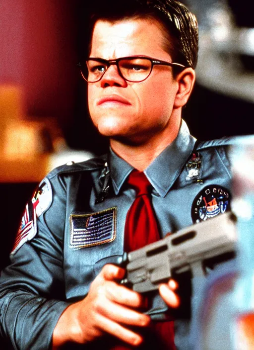 Image similar to matt damon in team america world police, film still, cinematic action,