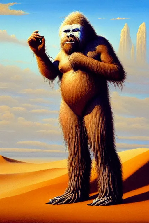 Prompt: classic oil painting, an exhausted yeti that is sweating to death, as a dnd character, standing in a puddle of water amidst sand dunes, extremely hot, wet fur, highly detailed, digital illustration, bright, concept art, smooth, sharp focus, art by tim hildebrandt, and greg hildebrandt