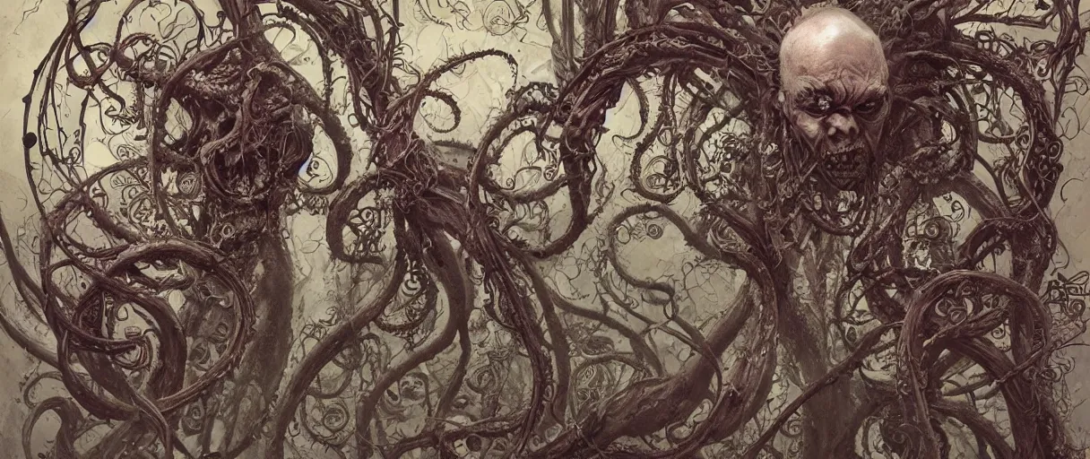 Image similar to centered horrifying detailed portrait of a insane, crazed, mad old bald zombie, eldritch abomination, dunwitch horror, ornate tentacles growing around, ornamentation, thorns, vines, tentacles, elegant, beautifully soft lit, full frame, 8 k by wayne barlowe, peter mohrbacher, kelly mckernan, h r giger